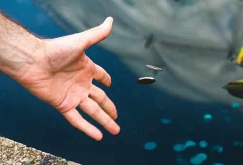 Hand throwing money into a pool at Eden Project